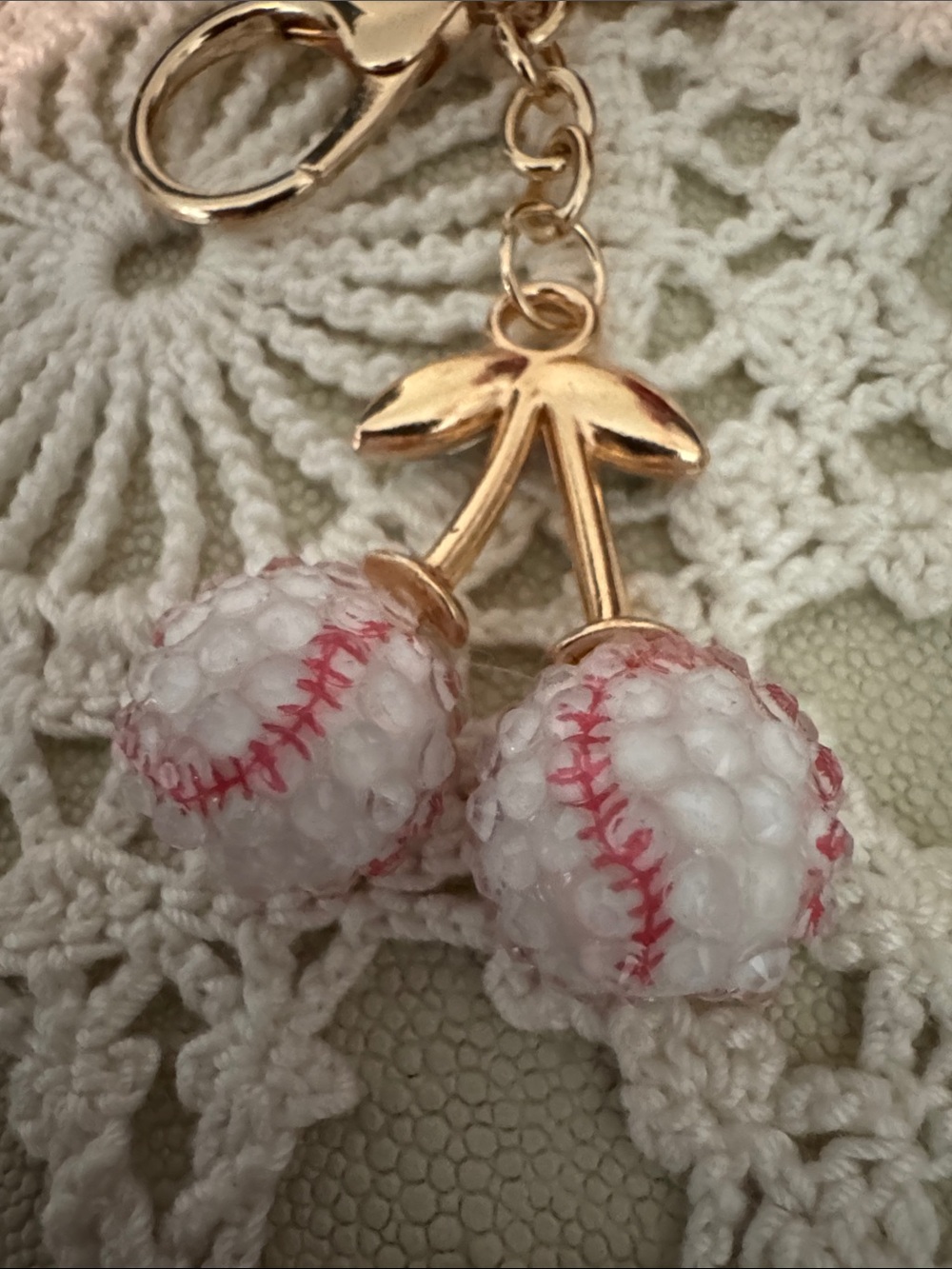 Baseball Gold Cherry Keychain with White & Pink Beaded Charms - Picture 3 of 4